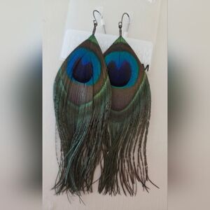 H&M Peacock Feather Earrings - Green and Blue